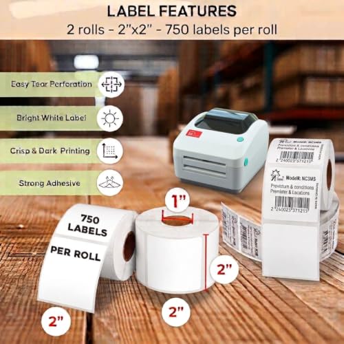 Arkscan 2x2 Thermal Labels - 2 Rolls, 750 Labels per Roll (1,500 Square QR Code & Barcode Labels) for Zebra, Rollo & Arkscan Printers - size: 2 x 2", 2 Rolls