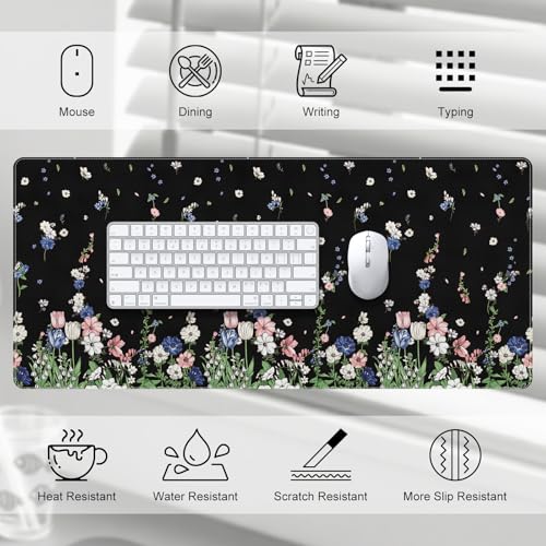 DINKY Leather Desk Protector Mouse Pad, Large Keyboard Mat, Non-Slip PVC Leather Blotter, Black Laptop Pad, Waterproof Writing Pad for Office Home 35.4" x 15.7", Flower Rain - color: Black Flower Rain