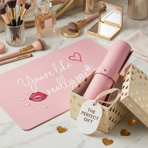 DOUDIZHU Makeup Mat for Vanity, Dual-Sided Vanity Top Protector Mat Waterproof Dressing Desk Makeup Table Cover Mat You're Like Really Pretty (Baby Pink/Silver, 23.6"x11.8") - color: You're Like Really Pretty (23.6"*11.8")