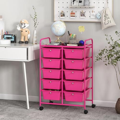 Giantex 10 Drawers Rolling Cart, Classroom Organizers, Storage Cart with Wheels, for Teacher Office Home School Supplies Tool Craft Art Paper, Hot Pink - color: Hot Pink, size: 10 Drawers Big