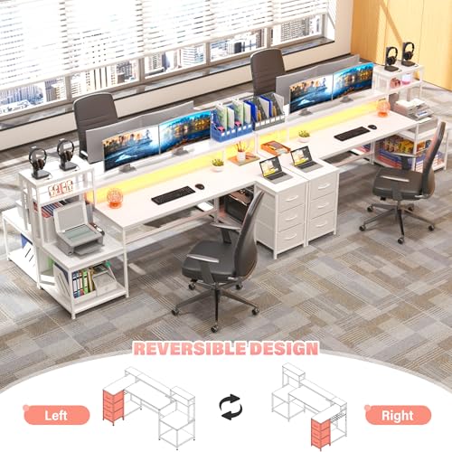 EnHomee71 White L Shaped Desk with Drawers,Printer Shelf for Home Office | 3 Fabric Drawers, Printer Stand & Shelves; Organize Office and Study Supplies for Tidy Bedroom & Study Space,White - color: White