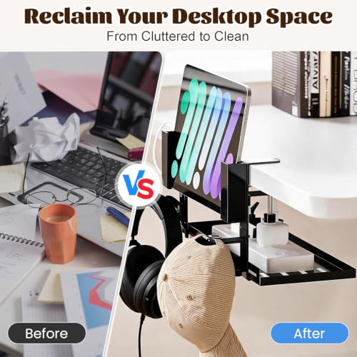 Desk Side Storage Organizer, Clamp-On Laptop Holder & Storage Shelf