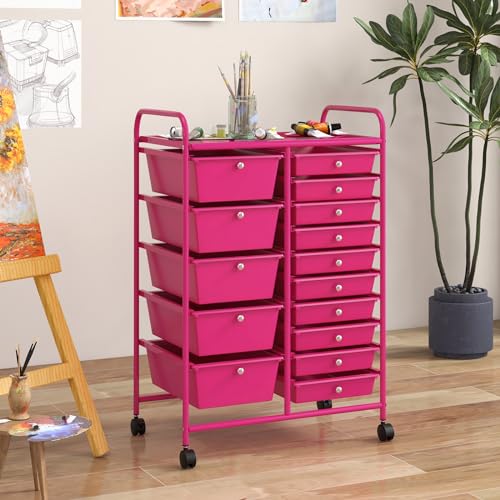 RELAX4LIFE 15-Drawer Storage Drawer Carts - Mobile Rolling Utility Cart w/Wheels, Craft Organizer for Classroom Organization and Storage, School, Office, Home, Storage Organizer Cart - color: Hot Pink, style: 15 Drawers-34.5"