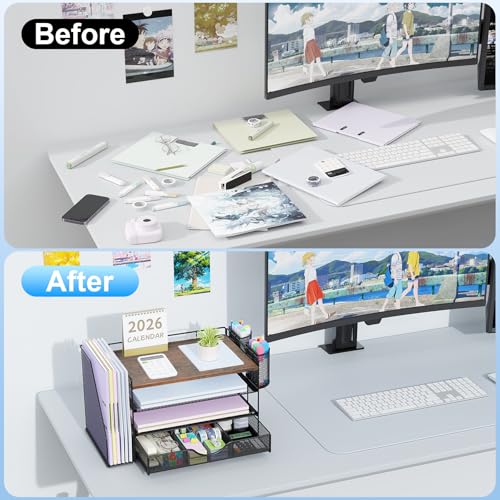 gianotter Desk Organizers and Accessories with File Holder, 4-Tier Desk Accessories & Workspace Organizers with Drawer and 2 Pen Holder, Paper Organizer for Office Supplies (Wood) - color: Wood, size: 4T