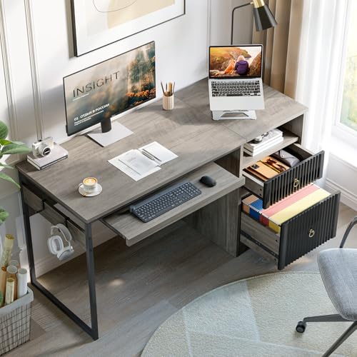 Bestier 55Inch Modern Fluted Desk with Drawers & Keyboard Tray, Grey - color: Grey, size: 55 Inch