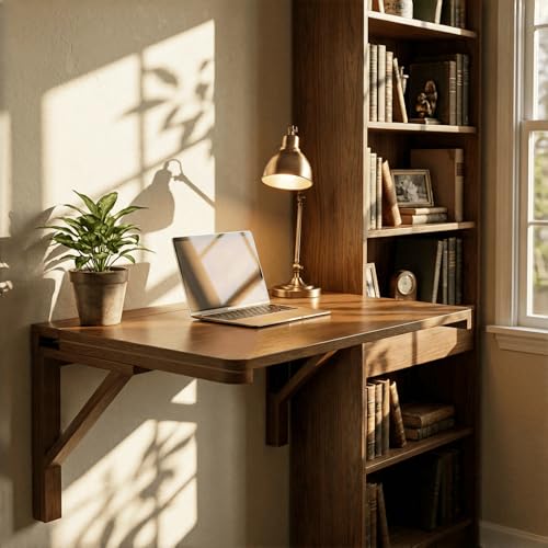 MM MELISEN Wall Mounted Desk - 32x24 Inch, Walnut Finish Solid Wood Desk for Bedroom Office or Laundry Room. Folds Down for laptops, up for Space. Ideal for Apartments, dorms, and Small Homes - color: Walnut, size: 80X60CM/32X24IN