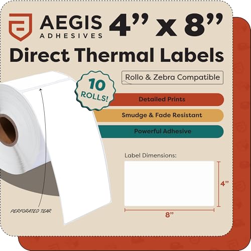 4" X 8" Direct Thermal Labels (2000 Count, 10 Rolls) - Large | Shipping and Barcode Labels, Thermal Sticker Roll for Warehouse and Freight - Compatible With Zebra and Rollo Printers - size: 4" X 8"