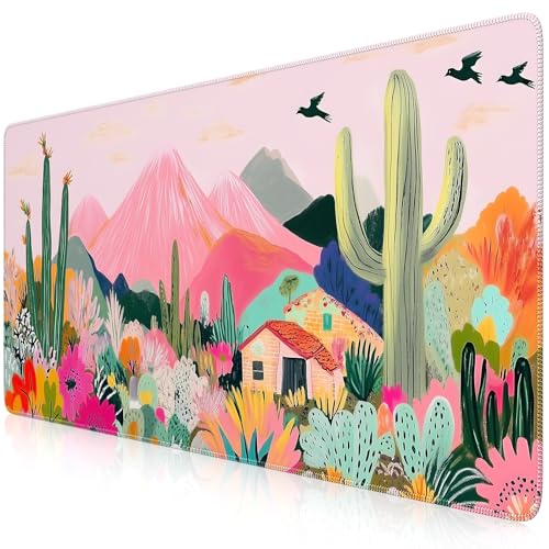 iCasso Desk Mat,Cute Mouse Pad for Desk,35"x16",Home Office, Cactus | Waterproof Desk Pad with Non-Slip Rubber Base and Stitched Edges, Extended Keyboard Mousepad for Computer, Home Workspace - color: A-cactus