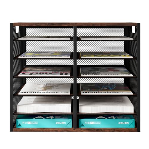 PAG Mass Mail Sorter - Adjustable Mail Holder, Countertop Literature Organizer, Student Mailbox for Classroom, Desktop Bill Paper Organizer for Office Home School, 12 Compartments, Brown - color: Brown, size: 21.1" × 12.2" × 16.14"