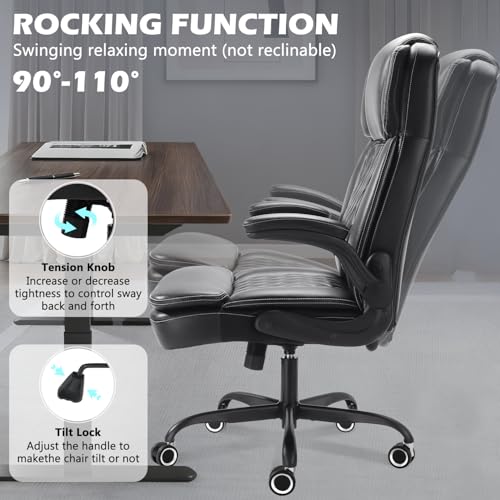 450LBS Big and Tall Executive Office Chair with Flip up Arm, Heavy Duty PU Leather Computer Desk Chair,Comfortable High Back Swivel Home Office Chair with Rolling for Adults,Spring Cushion,Metal Base - color: Black