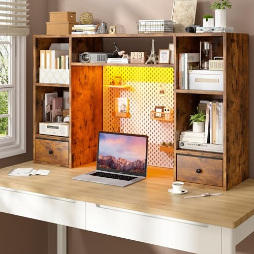 REIBII 47.2" Desktop Bookshelf, 6 Shelves & 2 Drawers, LED Lights, Brown - color: Rustic Brown