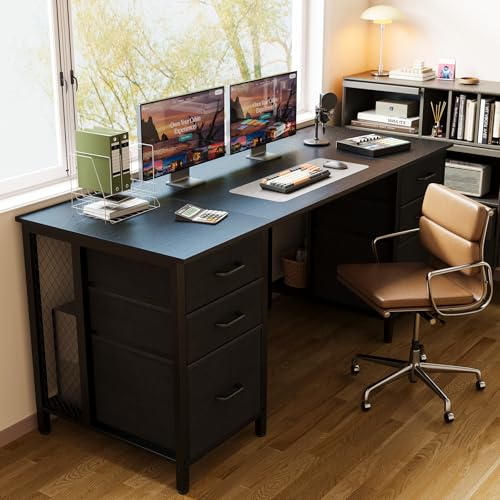 ODK 63 inch Computer Desk with 6 Fabric Drawers, Home Office Desk | Black Desk with File Drawers Cabinet with Large Storage for Home Office, Study, Gaming - color: Black