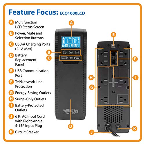Eaton Tripp Lite ECO1000LCD 1000VA UPS 600W Battery Backup Surge Protector - style: 1000VA / LCD Screen