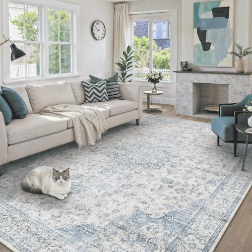 PureCozy 10x14 Area Rug Washable Neutral Blue Vintage Floral - color: Vintage | Blue, size: 10' x 14' (Rectangular)
