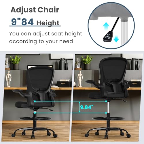 Drafting Chair, Tall Office Chair with Flip-up Armrests Executive Ergonomic Computer Standing Desk Chair, Office Drafting Chair with Lumbar Support and Adjustable Footrest Ring - color: Black