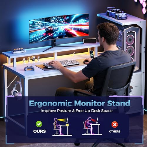 52" Reversible Gaming Desk with LED Lights Power Outlets, White | Computer Desk with Drawers Can be Used to Store Odds and Handles, Elevated PC Stand To Help You Showcase Your DIY Cases. - color: White, size: 53 In