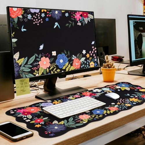 L-SPOUTTO Floral Mouse Pad, Black Scalloped Desk Mat XXL Gaming Mousepad | Botanical Large 35.4x15.7in Non-Slip Rubber Base Keyboard Pad Waterproof Desktop Mat for Laptop Computer Game Home Office - color: Black Floral