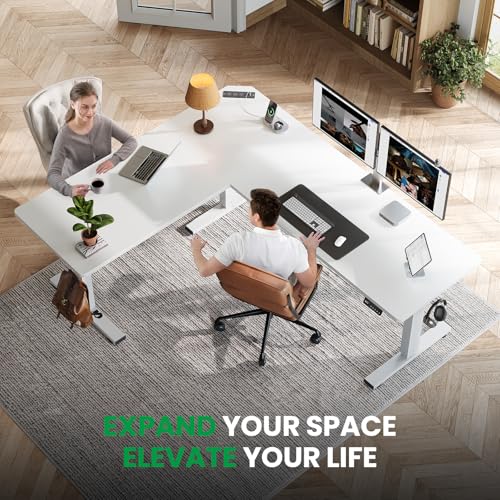 SIAGO 63x55 Inch L-Shaped Standing Desk with Charging Station Corner Desk - color: White, size: 63 x 55 Inch