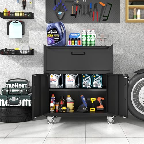 Metal Storage Cabinet for Garage, Tool Cabinet, Utility Cabinet - color: Black, size: M - 1 Drawer & 2 Doors (Wheeled)
