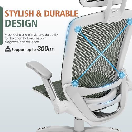 GABRYLLY Ergonomic Office Chair, High Back Home Desk Chair with Headrest, Flip-Up Arms, 90-120° Tilt Lock and Wide Cushion, 300LBS Mesh Chairs for Man Woman, White Task Chair(Olive Green,GY01WOG) - color: White Frame Olive Green Mesh