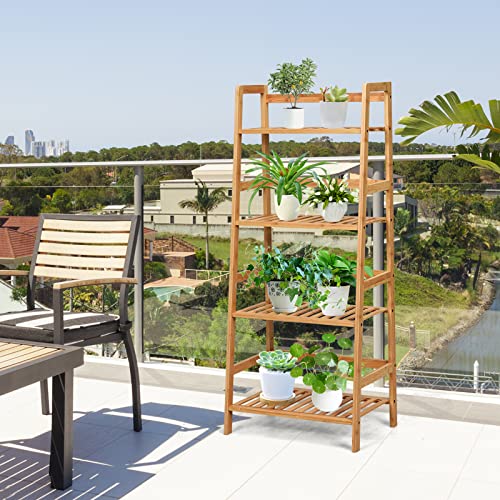 COSTWAY 4-Tier Ladder Shelf, Bamboo Plant Stand Rack | Freestanding Bookcase, Flower Stand Rack Holder for Garden, Balcony, Living Room, Bedroom (Natural) - color: Natural, size: 19" x 12.5" x 45" (L x W x H)