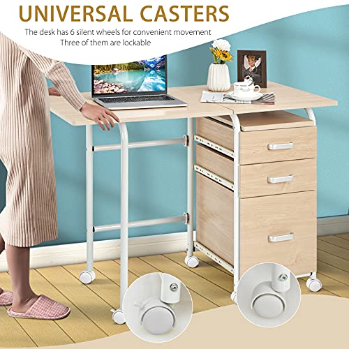 Tangkula Folding Computer Desk with 3 Storage Drawers, Mobile Home Office Desk Study Writing Desk with Smooth Wheels, Space Saving Compact Desk for Dorm Apartment, Rolling Folding Desk Table - color: Natural