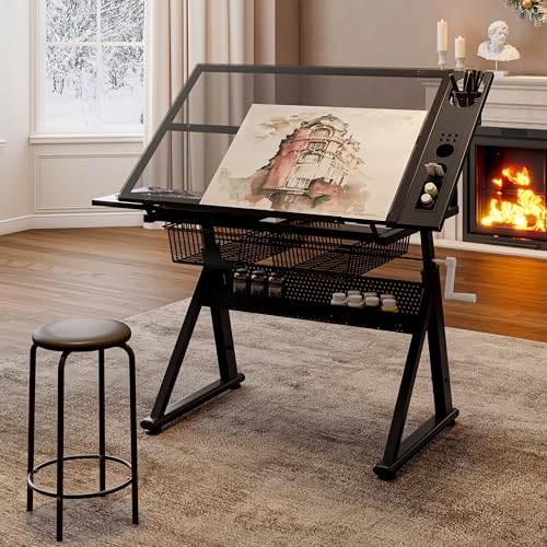 Hand Crank Lifting Drawing Table Black Tempered Glass Metal Workstation, 0-70° Tilt Adjustable Drafting Printing Desk with Metal Drawers & Support Chair for Indoor Study Bedroom Living Room