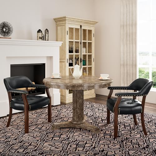 LEEMTORIG Set of 2 Faux Leather Dining Chair with Arms, Dining Chair with Supportive Back, Game Poker Table Chairs, Boss Caption's Chairs Office Desk Chairs, Cherry Walnut Legs & Black PU NX173D - color: Cherry Walnut Legs & Black Pu, size: Set of 2