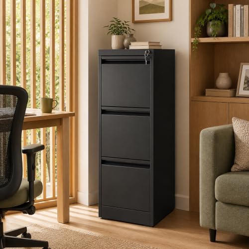 3 Drawer Vertical File Cabinet with Lock for Home Office - color: Black, size: 3-Drawer