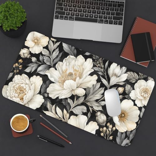 Large Mouse Pad, Black White Flowers Desk Mat for Desktop 23.6" x 11.8" - color: Black White Flowers, size: 23.6" x 11.8"