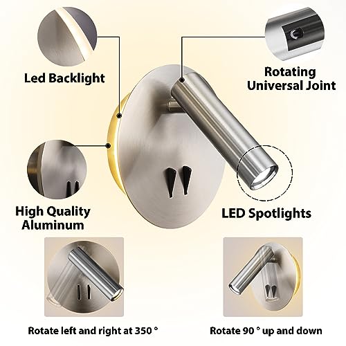 Round Wall Mount Reading Light for Bed Bedside, Modern Hardwired Sconce with on off Switch for Bedroom, Brushed Nickel Wall Sconce Mounted Beside Reading Lamp, Decorative Wall Night light (Silver) - color: Silver