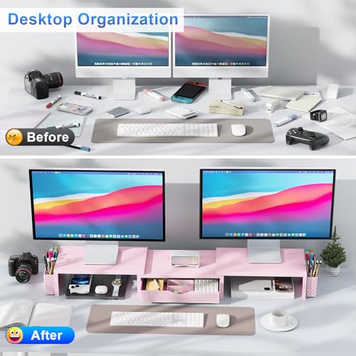 gianotter Dual Monitor Stand Riser With Drawer and 2 Pen Holders | Computer Monitor Stand Desk Organizer and Accessories Desk Shelf for Top of Desk (Pink) - color: Pink
