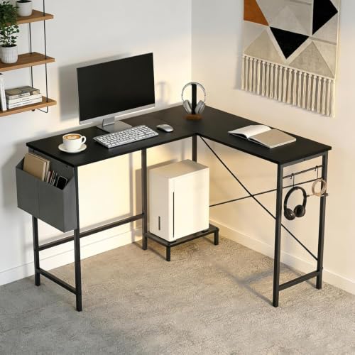 L Shaped Desk, 50 Inch Reversible Computer Desk with CPU Stand - color: Deep Black