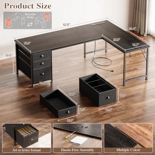 Furologee 63" L Shaped Desk, Computer Corner Desk with Outlets, Black - color: Black, size: 63“