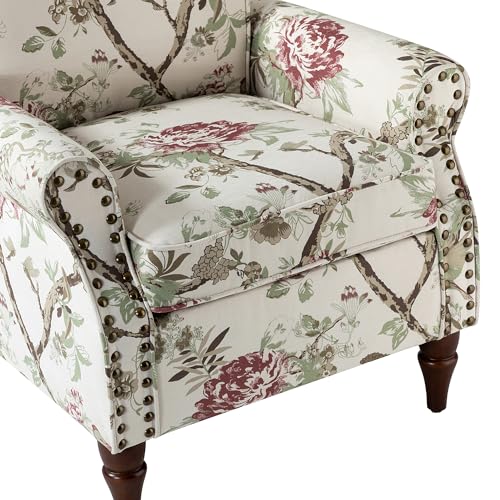 HULALA HOME Traditional Floral Accent Chair with Wood Legs, Black | Comfy Upholstered Armchair Reading Chair with Rolled Armrests, Nailhead Trim, Removable Cushion, for Living Room Bedroom - color: Floral