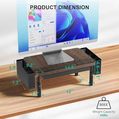 WALI Computer Monitor Stand with Storage and Pen Holder | 3 Height Adjustable Desk Organizer with Drawer, Desk Laptop Monitor Riser for Computer, Printer(PTT003-C), 1 Pack, Brown - color: Brown, size: 14.6"L * 9.3"W,11" 1 Drawer, 2 Pen Holder