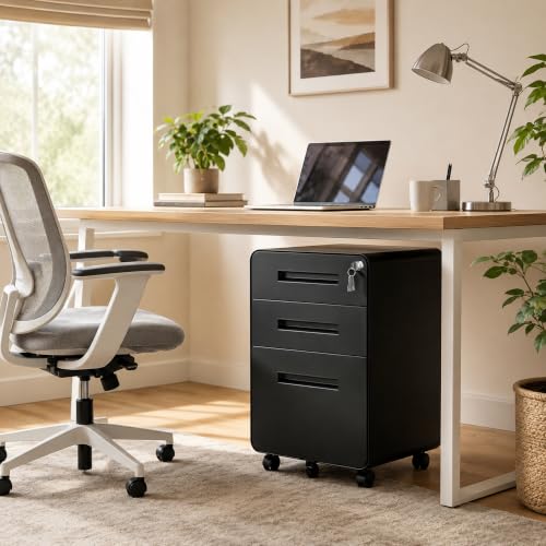 SAWJEC 3 Drawer File Cabinet with Lock, Fully Assembled Mobile Cabinet - color: 02l-black