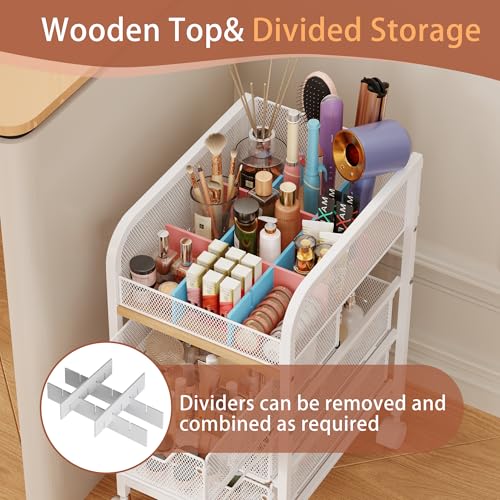Rolling Makeup Cart Organizer with 3 Drawers, 4-Tier Narrow Floor Skincare Organizers with dividers, Vanity Organizer Cosmetics Display Cases for Makeup Brush, Hair Tool, White - color: White-Medium, size: Medium