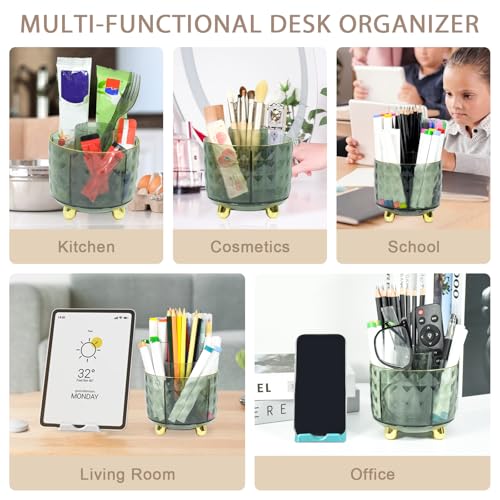 SAYEEC Pen Holder for Desk 6 Slots Rotating Makeup Brush Organizer Toothbrush Hairbrush Holder Versatile Desk Skincare Cosmetic Organizer Pencil Cup Pot Art Supply Caddy for Vanity Office, Dark Green