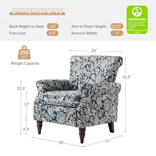 HULALA HOME Traditional Floral Accent Chair with Solid Wood Legs, Navy | Comfy Upholstered Armchair Reading Chair with Rolled Armrests, Nailhead Trim, Removable Cushion, for Living Room Bedroom - color: Navy