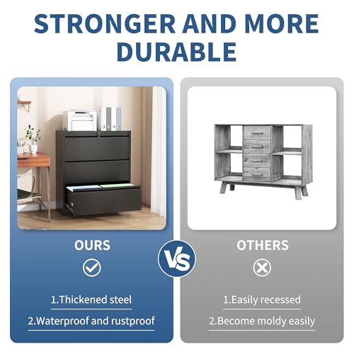 3 Drawer File Cabinet with Lock, Metal Lateral Filing Cabinets - color: Black, size: 3 Drawer_ 26"W