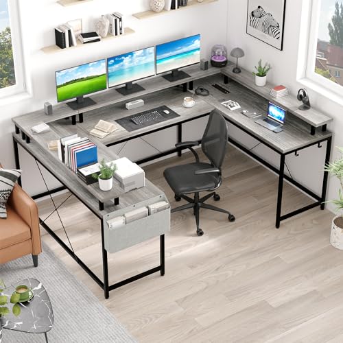 Jojoka U Shaped Computer Gaming Desk, Reversible L Shaped Desk with Power Outlets, LED Strip & Monitor Stand, Large Corner Desk with Storage Shelves for Home Office, Grey Oak - color: Grey Oak