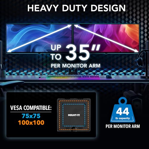 Mount-It! Heavy Duty Dual Monitor Arm up to 35 in. 44 lbs Screens, RGB Lights, 75x75 100x100 VESA Desk Mount for 2 Widescreen Curved Monitors 27 32 34 35 inches, Gas Spring, Clamp, Grommet, RGB Lights