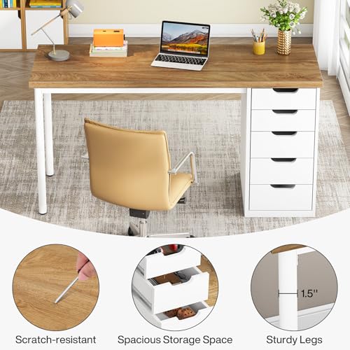 Tribesigns Computer Desk with 5 Drawers, 47 inches Rustic Brown Home Office Desk with Storage, Modern Simple Laptop Desk Study Writing Table for Small Spaces (1, Walnut+White) - color: Walnut+white