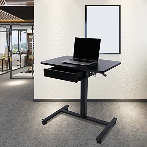 CLATINA Mobile Laptop Standing Desk, Height Adjustable Teacher Podium with Lockable Wheels, Adjustable Work Table with Drawer, Computer Cart Overbed Table for Home Office Classroom, Black - color: Black, size: With Drawers