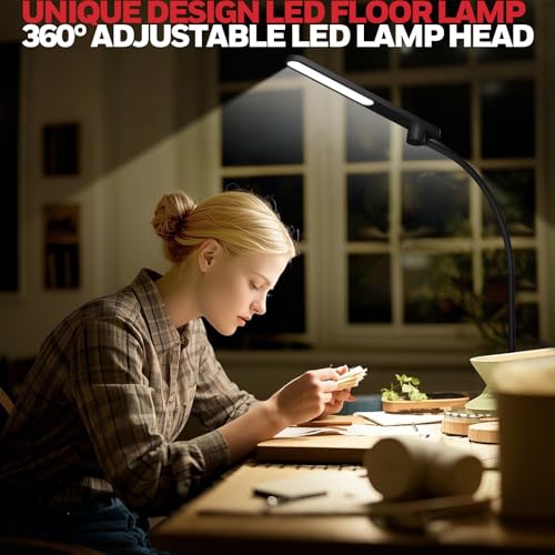 Honeywell LED Floor Lamp with Remote, CRI97 Dimmable Gooseneck 77" Black | 96 Sunturalux LED Beads 3 Color Temps 3000K-5000K,Wireless Remote,Modern Standing Lamp for Living Room Bedroom Office Reading - color: New Black