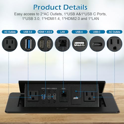 Table Pop Up Outlet, Desktop Pop Up Socket Center Countertop Socket Multimedia Strip Socket Connection Box Countertop with USB 3.0/2×AC/2×HDMI/USB-A/USB-C/LAN for Conference Desk Office (Black-3) - style: Black-3