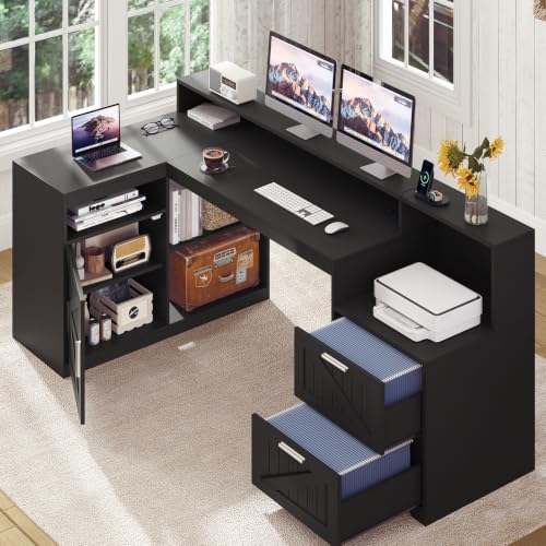 TVU Farmhouse L Shaped Desk with Drawers, 62.2" Home Office Desk with Storage Shelves and Power Outlet, L Shaped Computer Desk with Monitor Stand and Printer Shelf, Black - color: Black