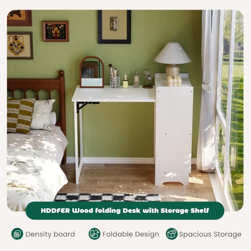 HDDFER Folding Desk with Built-in Outlet,for Small Spaces,Hidden Desk with Storage Shelf, Foldable Computer Desk for Bedroom Home Office, Mid Century Modern Fold Out Table Writing Table, White - color: White