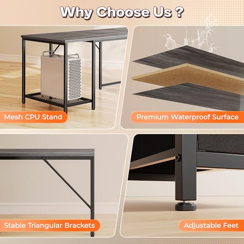 PRAISUN 66" L Shaped Gaming Desk with LED Lights & Power Outlets - color: Grey